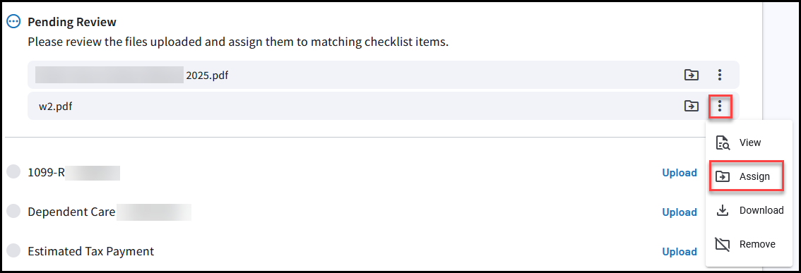 Files pending review - select Assign to associate them with the checklist item.